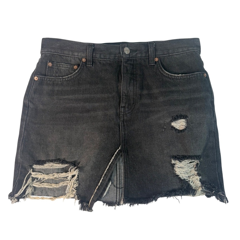 We The Free Free People Black‎ Denim Mini Skirt 27 Distressed Raw Hem Button Fly